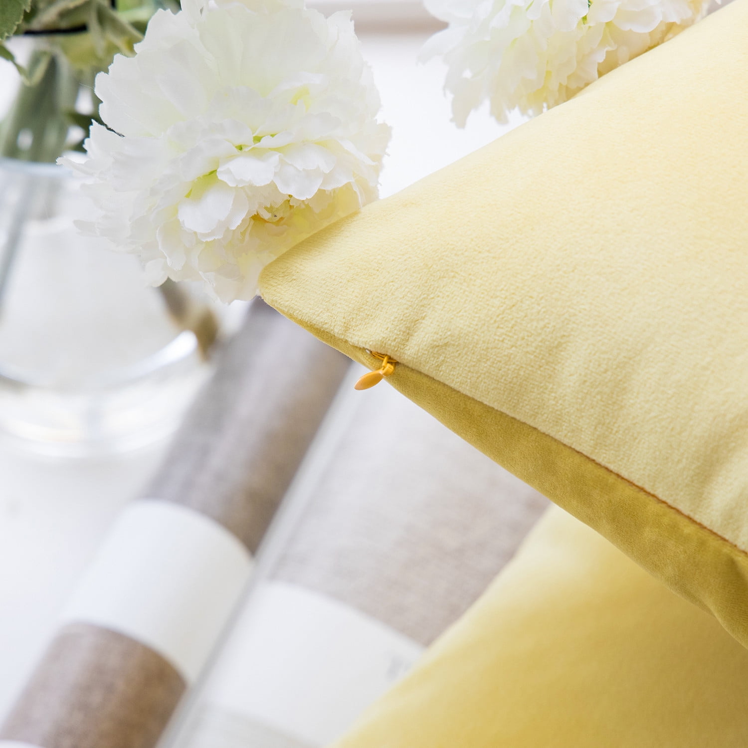 Phantoscope Soft Silky Velvet Series Square Decorative Throw Pillow Cusion for Couch, 18" x 18", Yellow, 2 Pack