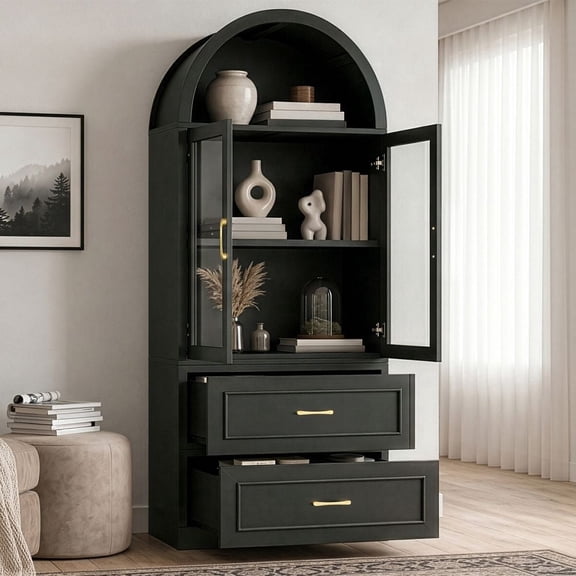 MIDOQIN Arched Cabinet, 71" Tall Kitchen Pantry Storage Cabinet with Glass Doors 2 Drawers and Soft Close Hinges for Living Room, Study, or Dining Room, Black