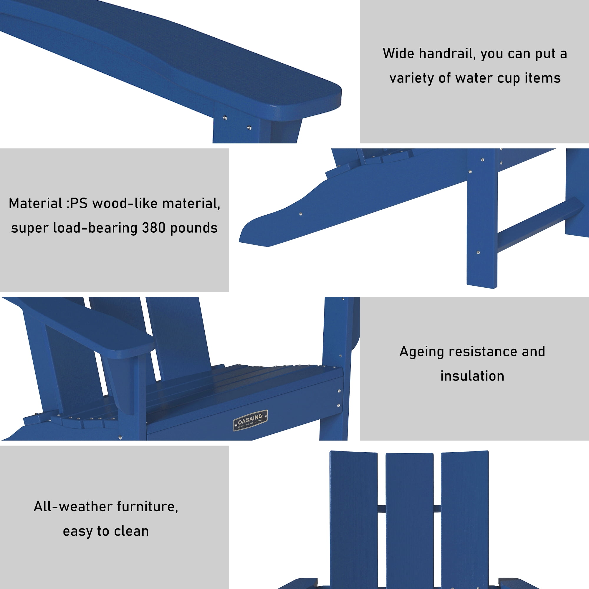 CASAINC Modern Blue 3-Pack 4.7 inch W Arm Outdoor Patio Folding Wood Adirondack Chair