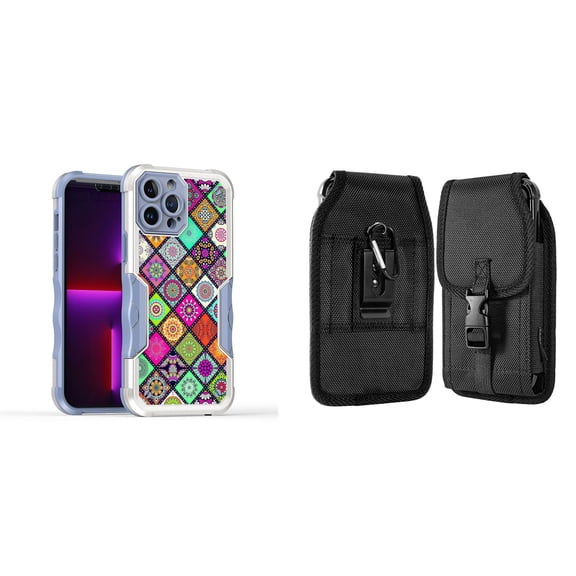 Case and Pouch Bundle for iPhone 14: Heavy Duty Armor Rugged Case (Mediterranean Tile Pattern) and Vertical Nylon Buckle Belt Holster