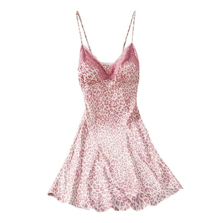 Elainilye Fashion Womens Chemise Polka Printing Satin Sling Skirt Dress Lingerie Home Wear Pajamas Nightdress Pink