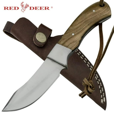 - 7-1/2 inch Red Deer Full Tang Moose Hide Skinner Pakka Wood Hunting Knife with Leather Sheath