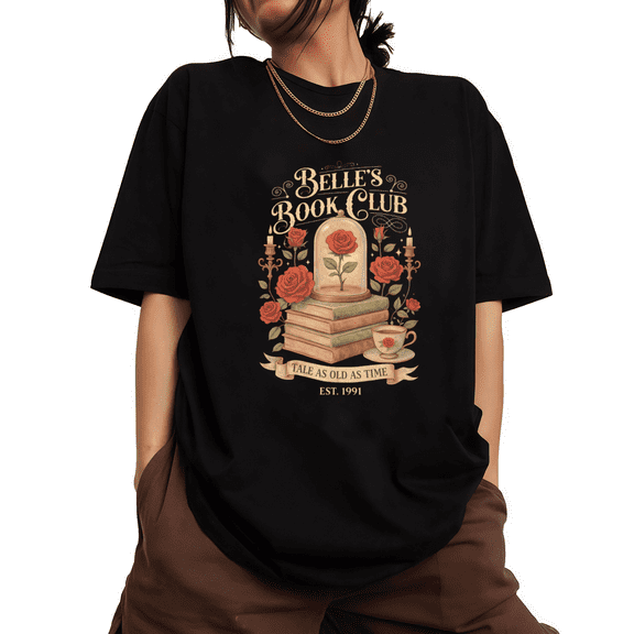 Belles Book Club Enchanted Rose Print Tshirt Black S-5XL Nostalgic Fairytale Graphic Tees Shirts Tops