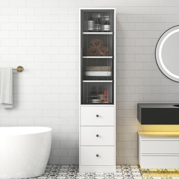 Tall White Storage Cabinet with Glass Door & 3 Drawers, 71" Modern Display Bookshelf for Living Room, Kitchen, Slim Tower Curio Organizer with Shelves for Bathroom Office