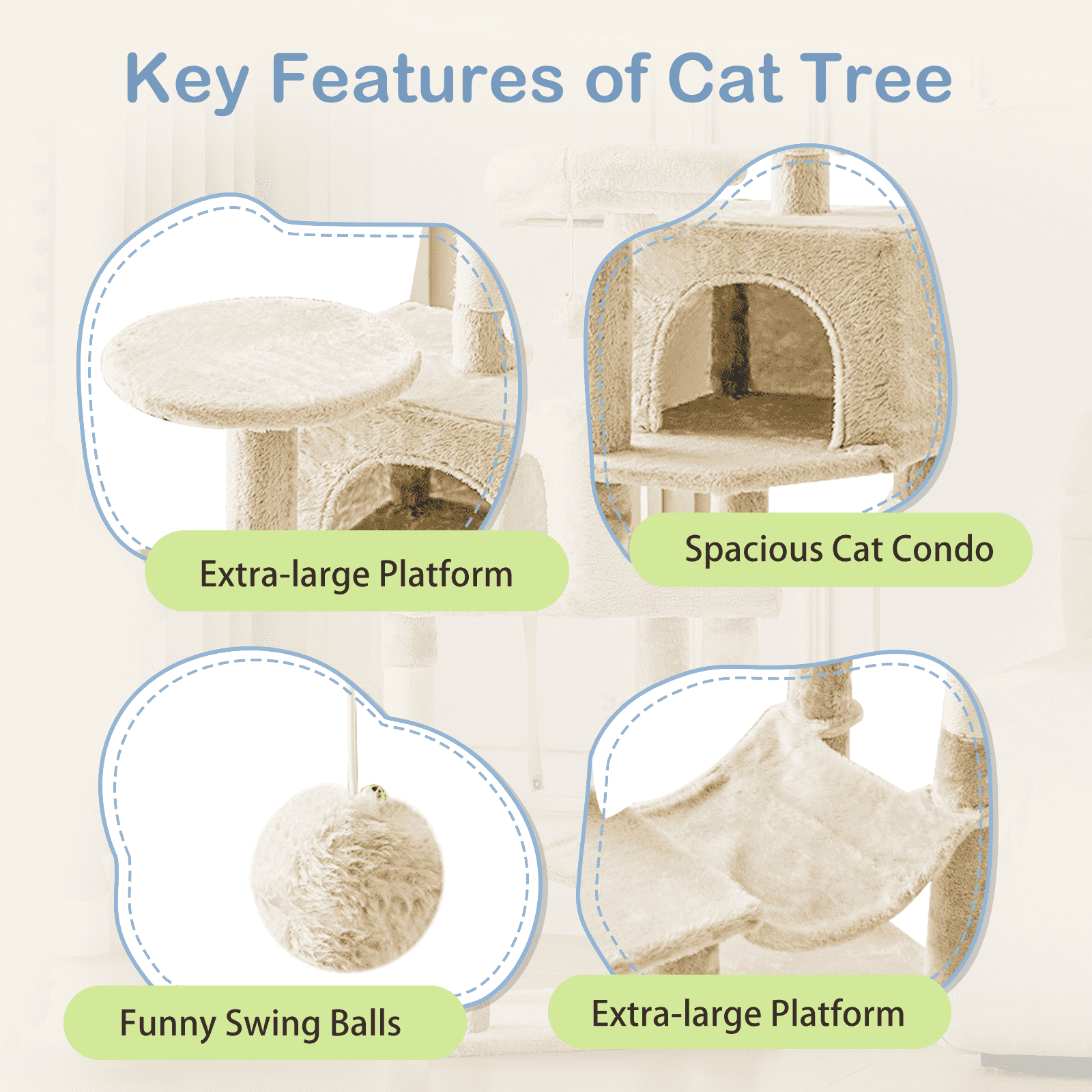 MAYEERTY 44-inch Cat Tree Tower Multi-Cat Climbing Natural Sisal Scratching Posts Extended Platform Hammock