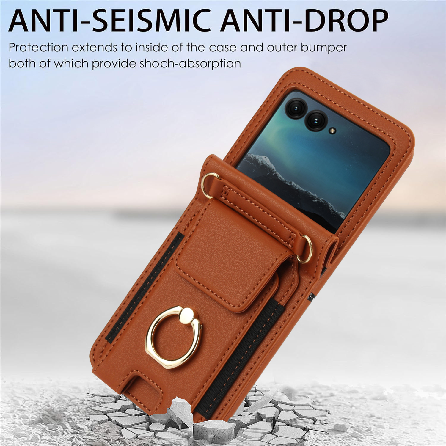 for Motorola Razr 2024 Case, Retro PU Leather Shockproof Protection Phone Case Wallet Built in Credit Card Slots Flip Cover Finger Ring Stand with Long Strap + Short Strap, Brown
