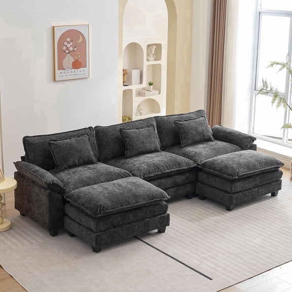 IPKIG Sectional Sofa Comfy Cloud Couch for Living Room with Pillows, Modern Chenille Sofa Sleeper Deep Couches with Two Ottoman (Black, 5-Seat)