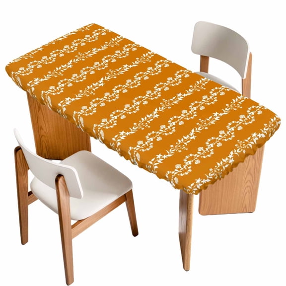 Orange Spring Leaves Table Cloths for 5 Foot Rectangle Tables, Pastoral Botanical Striped Flowers Patio Waterproof Elastic Fitted Tablecloths, Washable Rectangular Table Cover for Camping
