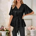 thumbnail image 1 of Tejiojio Women's Sequin Top V-Neck Flared Sleeve Front Tie Sparkly Party Blouse, 1 of 6