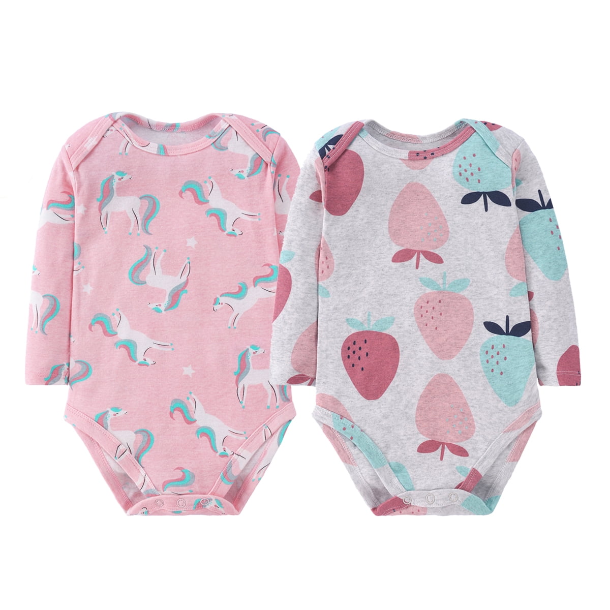 Bellafa 2-pack Long Sleeve Bodysuits One-piece 100% Organic Cotton for Infant Girls Floral Unicorn Onesies Baby Romper