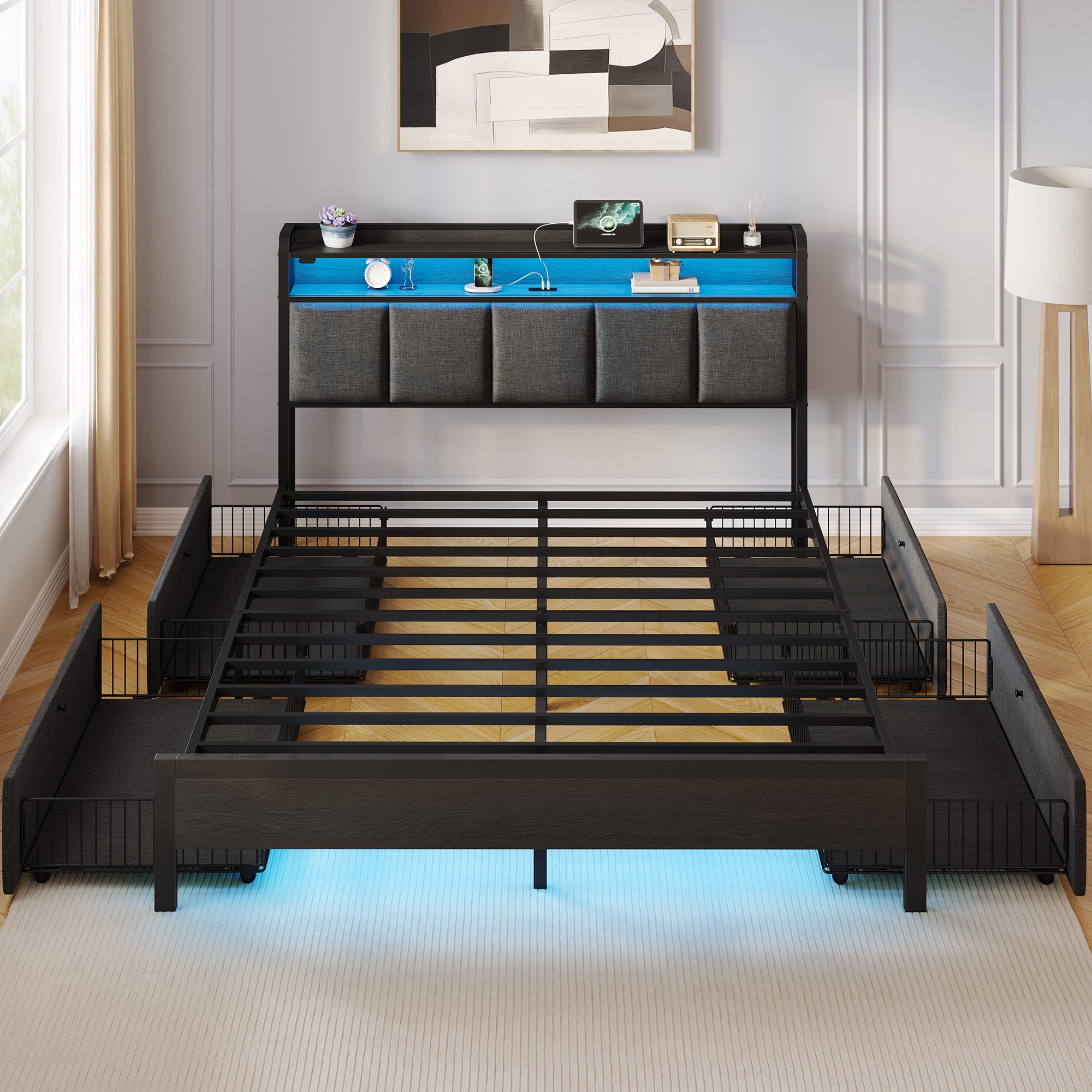 Greenstell Queen Bed with Headboard and Charging Station, Upholstered bed with 4 Drawers and RGB LED Lights,Dark Gray