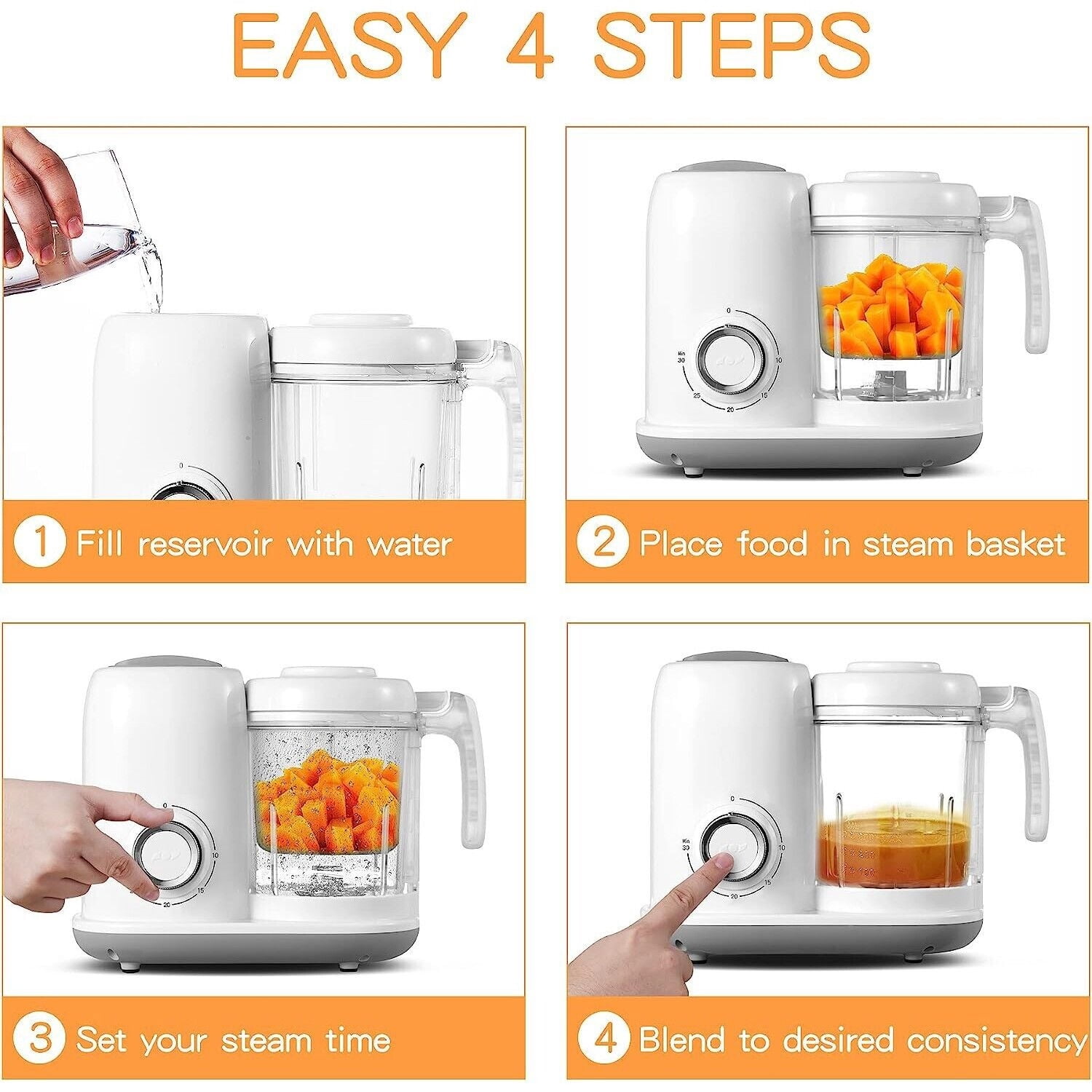 Baby Food Maker 4 in 1 Puree Blender Auto Grinding Knob Control Dishwasher Safe, White for aged 6 months to 2