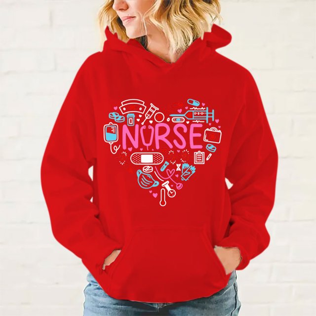 Sudadera con capucha de manga larga con estampado de amor de enfermera para mujer, informal, para invierno y otoño
