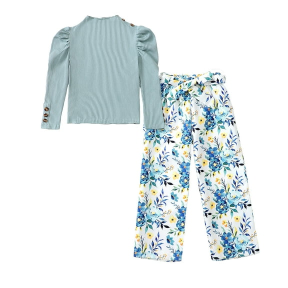 7Y Big Girls Clothes 8Y Girls 2PCS Fall Winter Outfits Set Big Girls Long Sleeve Top Floral Pants Set Green