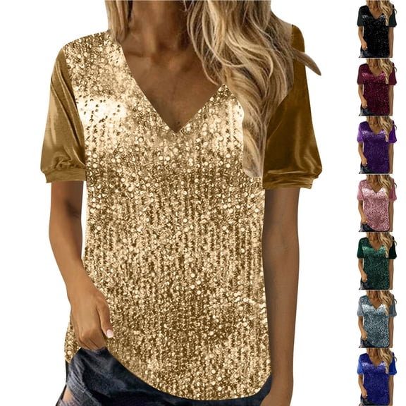 Summer Tops for Women Kelon Women's Short Sleeve Shirts V Neck Sequin Tops Fashion Beach Vacation Clothes Business Casual Outfit, S
