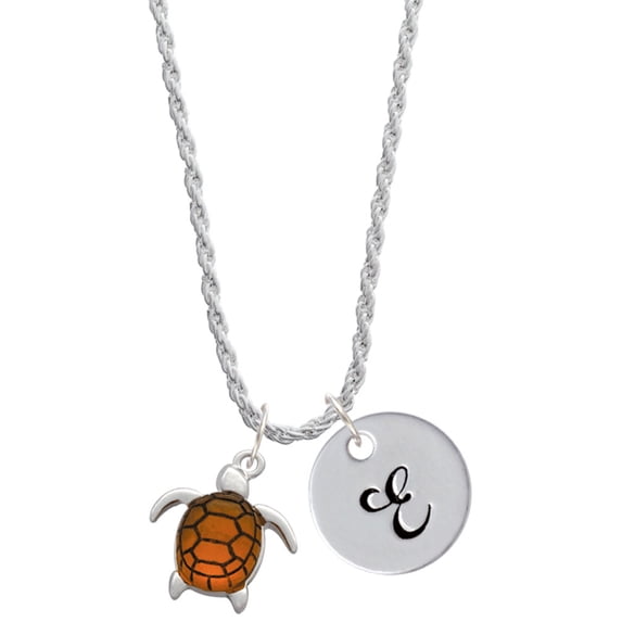 Delight Jewelry Silvertone Turtle with Resin Body Silvertone Script Initial Disc - E - Charm Necklace, 20"+3"