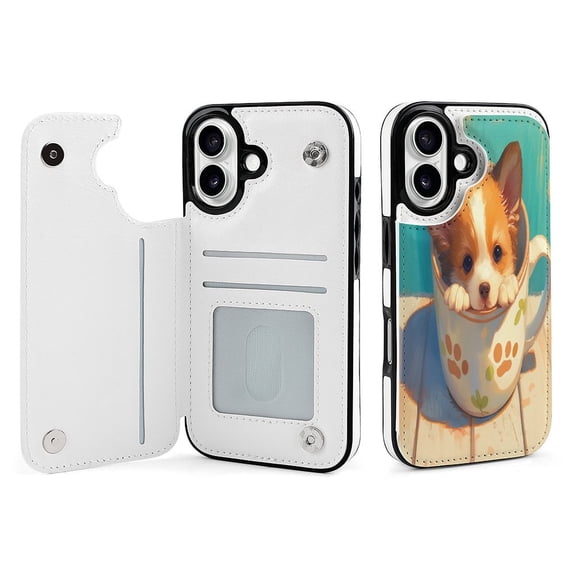 Compatible with iPhone 11 12 13 mini 14 15 16 Pro Max Plus Wallet Case with Card Holder, PU Leather Kickstand Card Slots Case ( Teacup Corgi, iPhone 16)