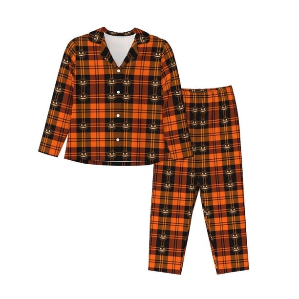 Fotbe Halloween Tartan Plaid Conjunto de Pijama de Manga Larga para Mujer con Estampado, Ropa de Dormir de 2 Piezas, Conjunto de Casa Suave y Cómodo con Bolsillos-Medium