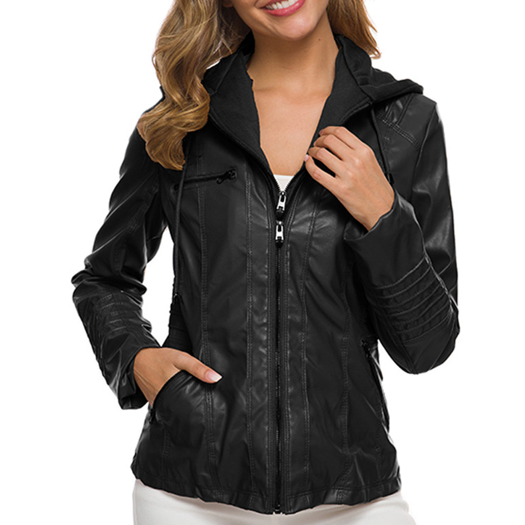 Women Faux Leather Short for Jacket with Detachable Hood Motorcycle Zip Up Outwe - image 5 of 19