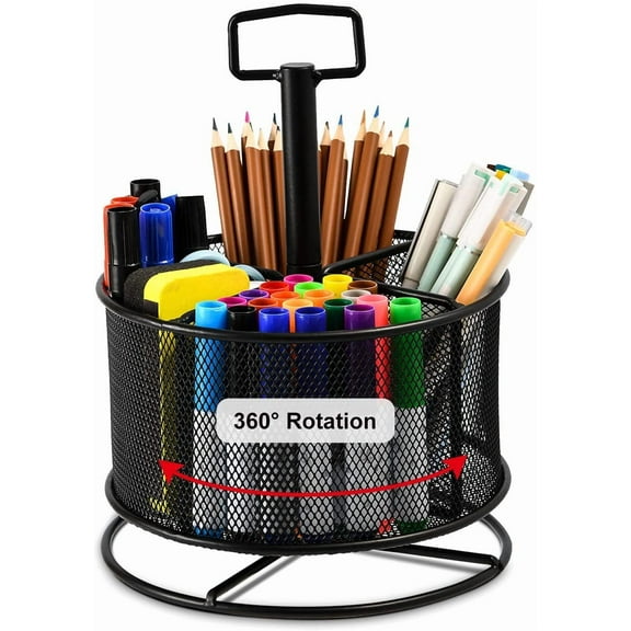 Mesh Desk Organizer, 360-Degree Rotating Multi-Functional Pen Holder, 4 Compartments Desktop Stationary Organizer, Home Office Art Supply Storage Box Caddy (Black)