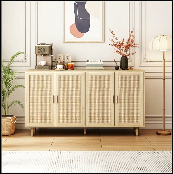62.20"Elegant and Functional 4-Door Rattan Decorative Storage Cabinet,for Bedroom,Living Room,Office,Easy Assembly