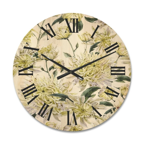 Designart 'Ancient Yellow Chrysanthemus I' Traditional Wood Wall Clock