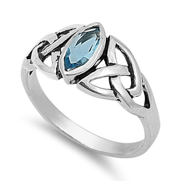Wicca Triquetra Simulated Aquamarine Cubic Zirconia Ring Sterling Silver 925