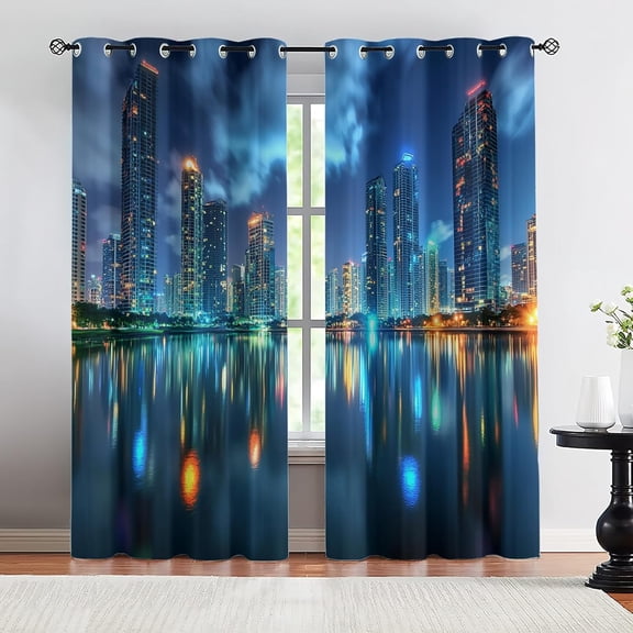 Coastal Cityscape Blackout Curtains, Ocean View Drapes for Bedroom Living Room, Scenic Thermal Room Darkening Grommet Window Decor 26"W x 45"L (2 Pack)