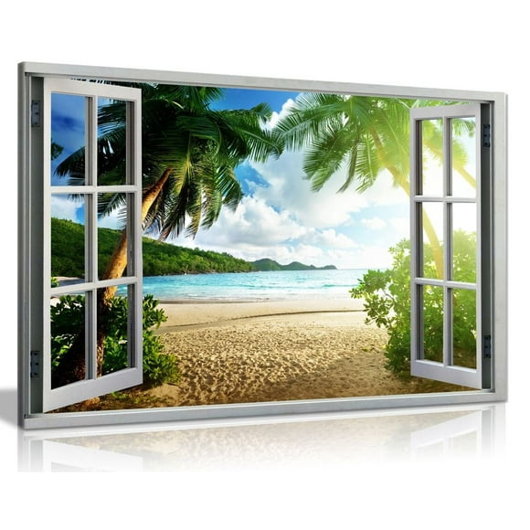 Beach Sunset View 3D Window Effect Canvas Wall Art Picture Print (18x12in)