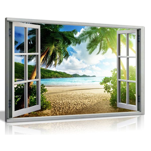 Beach Sunset View 3D Window Effect Canvas Wall Art Picture Print (18x12in)