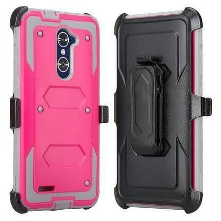 ZTE Blade X Max, ZTE Carry, ZTE ZMAX Pro Case, ZTE Grand X Max 2 Case, Imperial Max Case, Rugged [Shock Proof] Heavy Duty Belt Clip Holster with Built In Screen Protector - Hot Pink/Grey