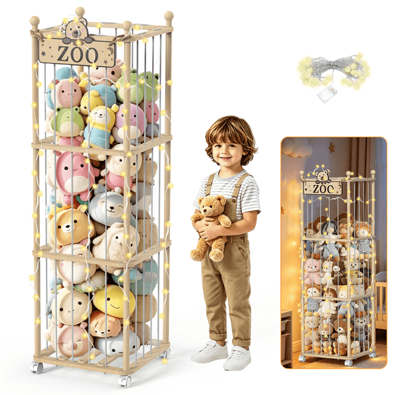 Stuffed Animal Storage Zoo Extra Large Stuffed Animal Holder Space Save Toy Organizer with Wheels for Nursery Playroom Bedroom, Wood, Natural