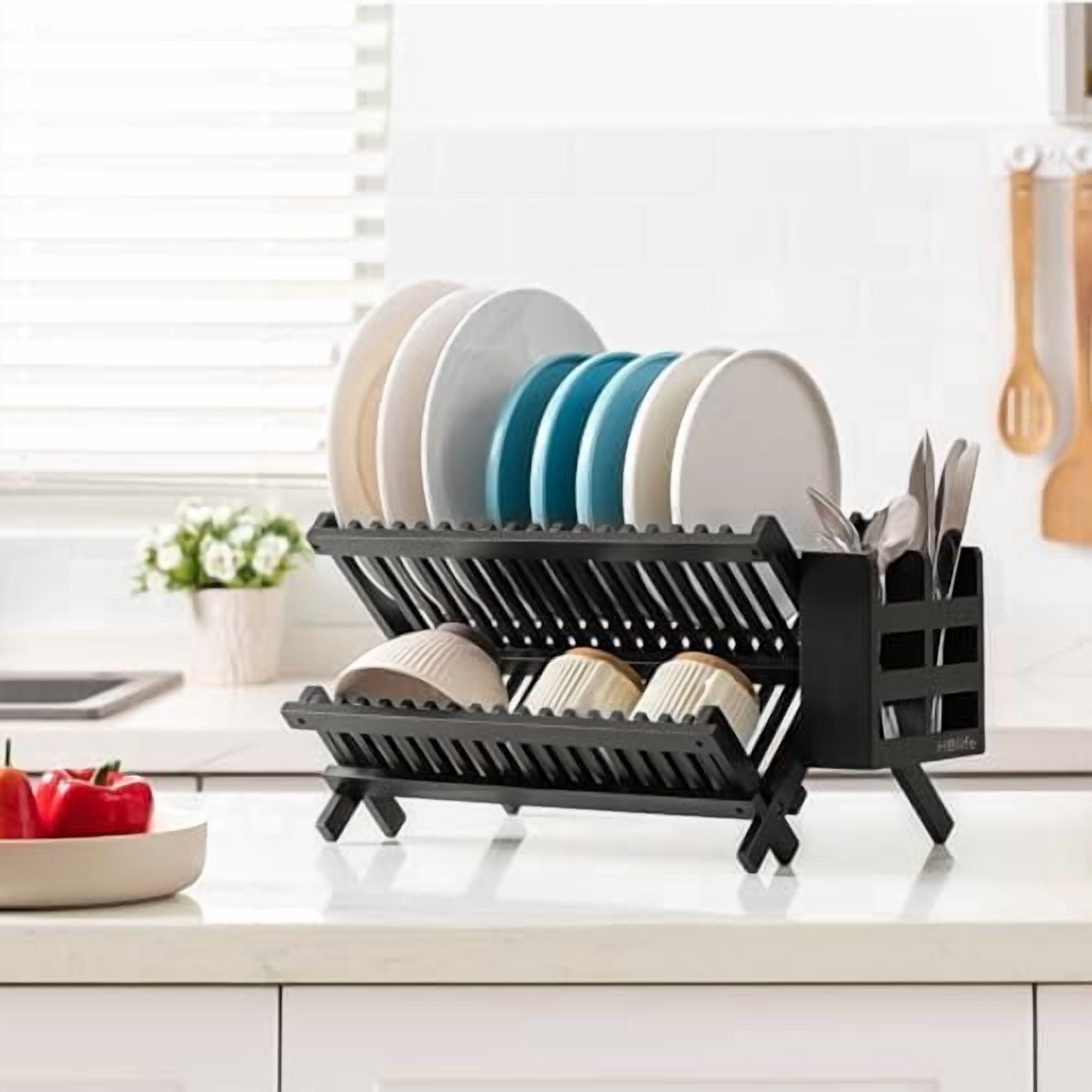 Dish Rack, Black Bamboo Folding 2-Tier Collapsible Drainer Dish Drying Rack with Utensils Flatware Holder Set (Dish Rack with Utensil Holder)