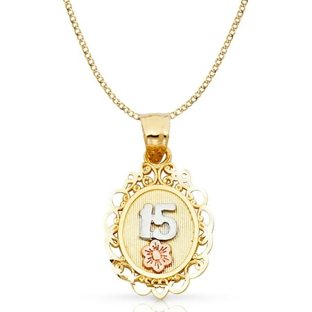 Round Hollow Rolo Chain - 14K Tri Color Gold Sweet 15 Years Quinceanera Round Charm Pendant with 2.3mm Hollow Cuban Chain Necklace