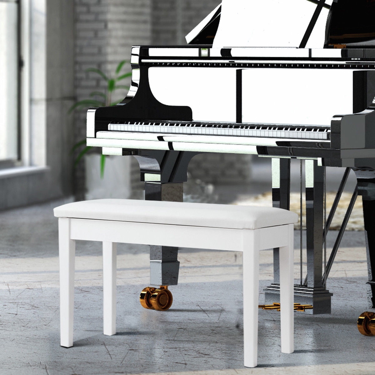 Costway Solid Wood PU Leather Piano Bench Padded Double Duet Keyboard Seat Storage White