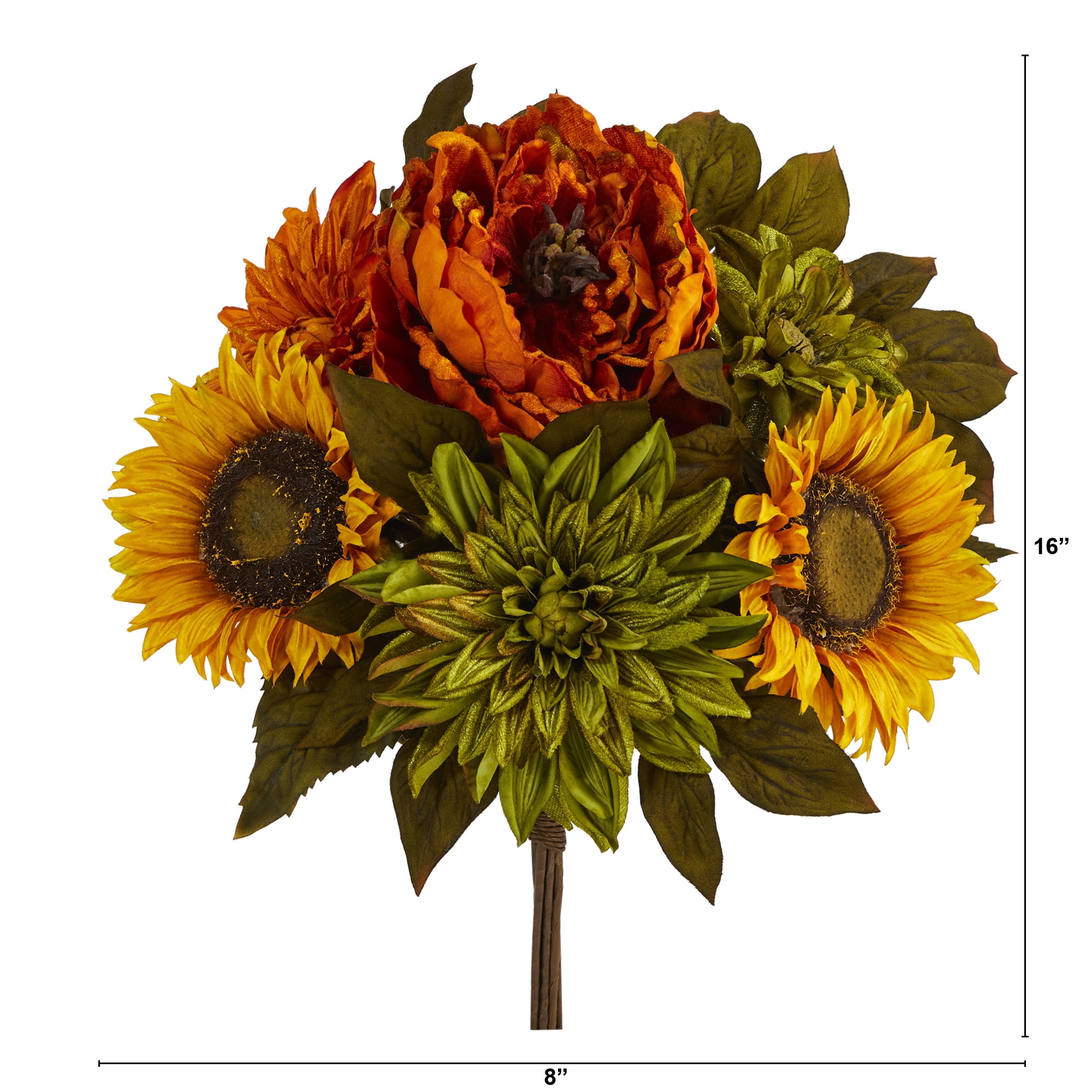 Nearly Natural Orange 16" Peony, Dahlia and Sunflower Artificial Flower Bouquet (Set of 2)