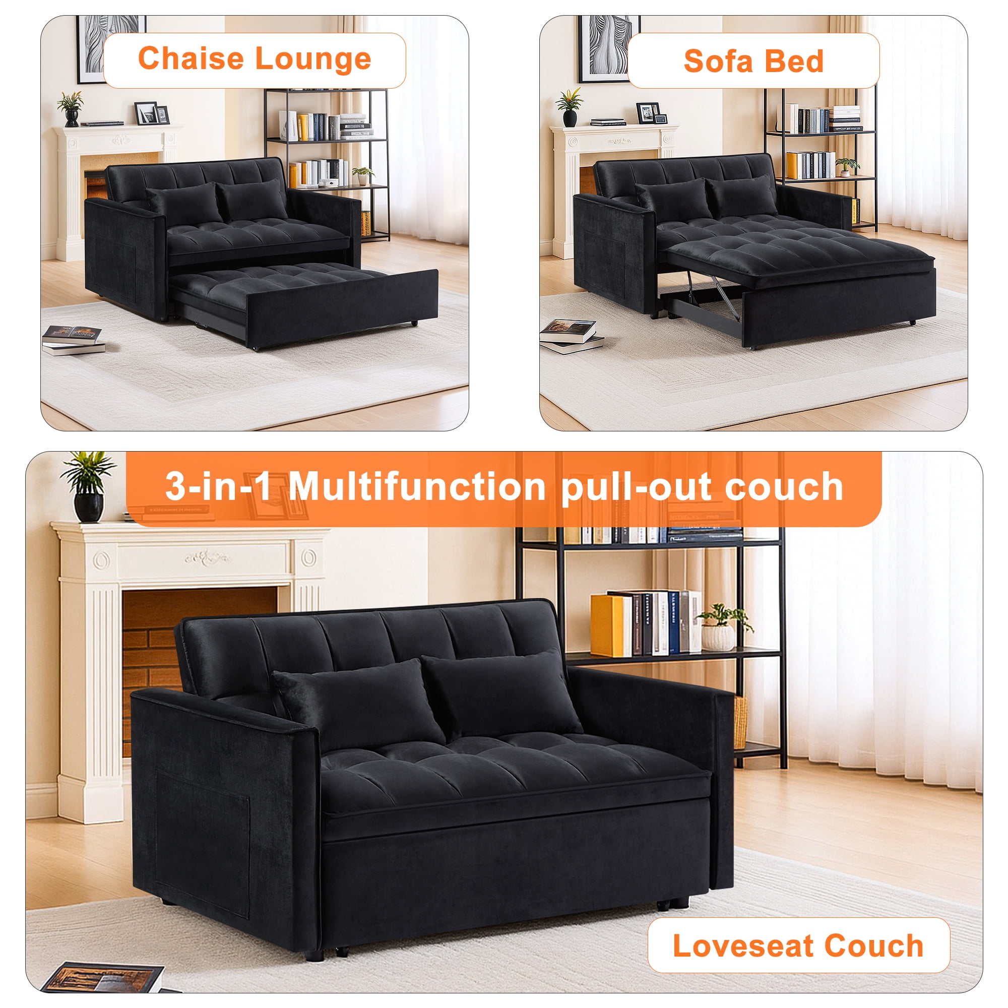 Demi Bonn 3 in 1 Convertible Sleeper Sofa Bed with Side Pocket, Adjustable Backrest Velvet Futon Couches for Living Room, Pull Out Couch, Loveseat, Black