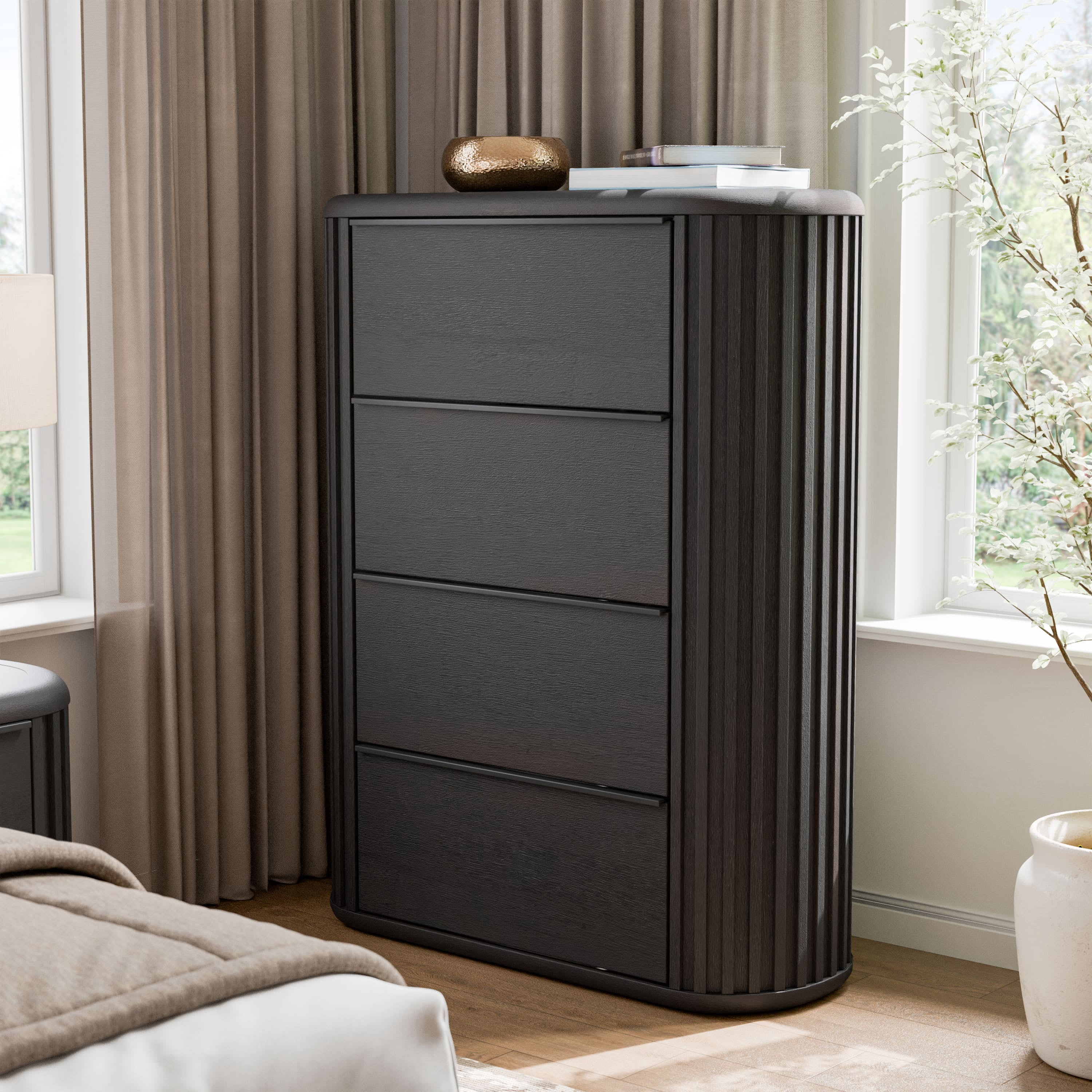 Furniture of America Kaelin Modern Fluted and Rounded 4-Drawer Chest, Black