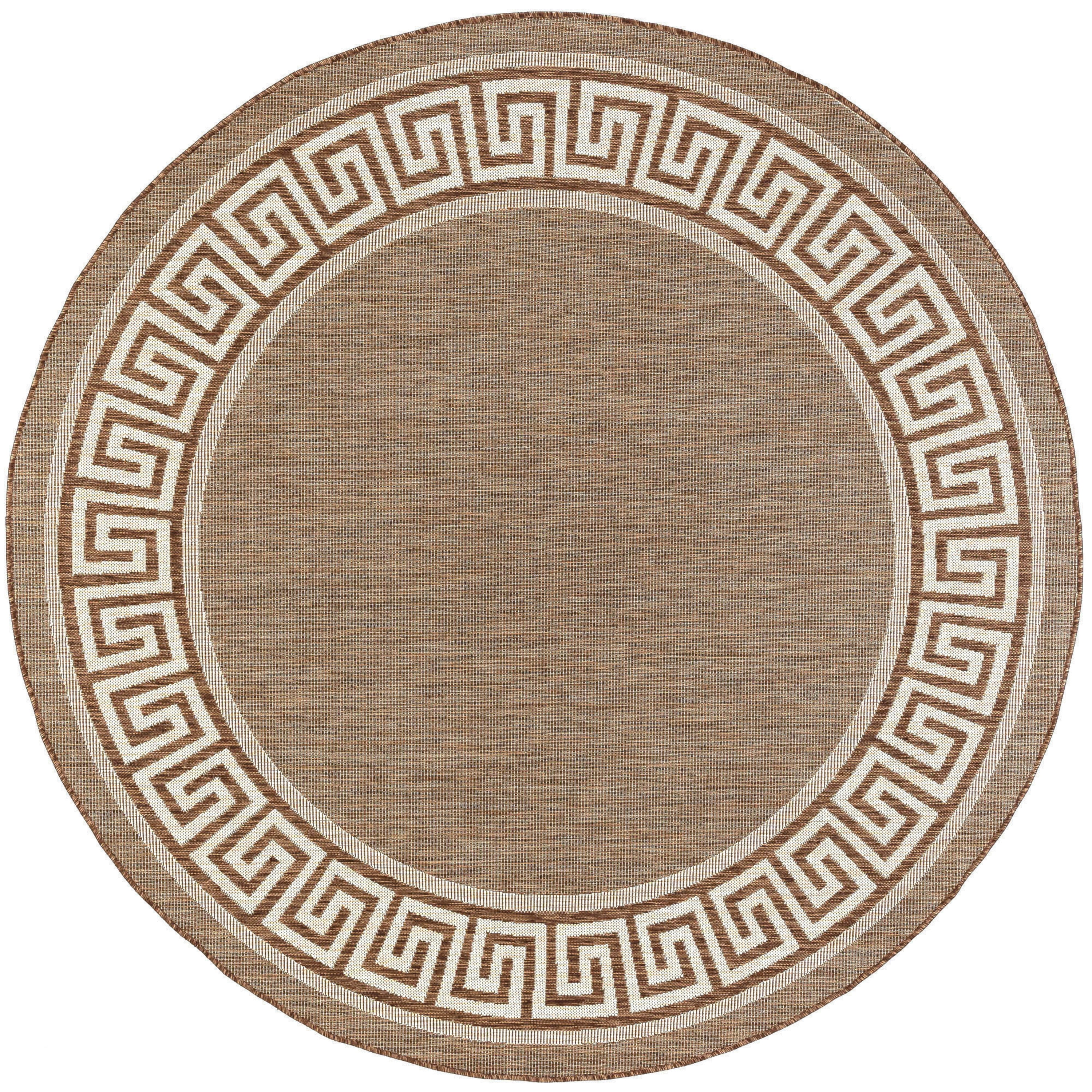Bliss Rugs Indoor Outdoor Greek Key Round Rug for Living Room, Porch, Deck | Brown, 7'10''Round