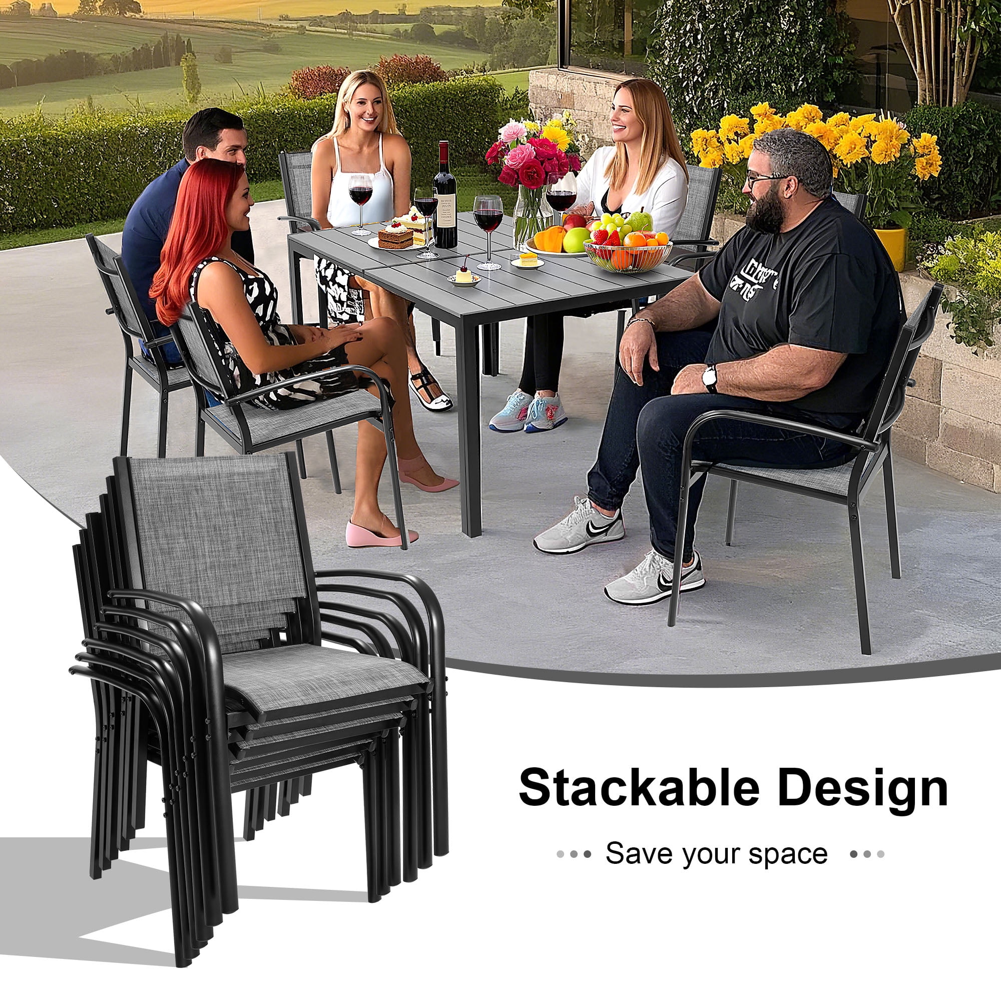 Seizeen 7 Pieces Patio Dining Set, Outdoor Patio Furniture Set, Plastic-wood Table Top with Steel Frame, Dining Set w/Gray Textilene Chairs for Backyard, Garden and Poolside