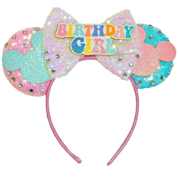 Mouse Ear Headbands Sequin Bow Ears Headbands for Women Adults Cute Hair Accessories for Costume Cosplay Princess Birthday Party Decorations (Birthday