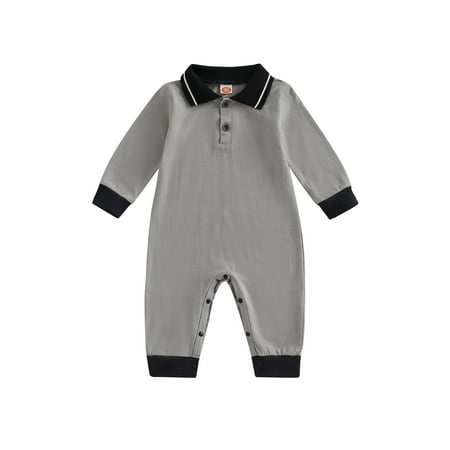 

Baby Boys Romper Long Sleeve Lapel Neck Patch Color Long Jumpsuit