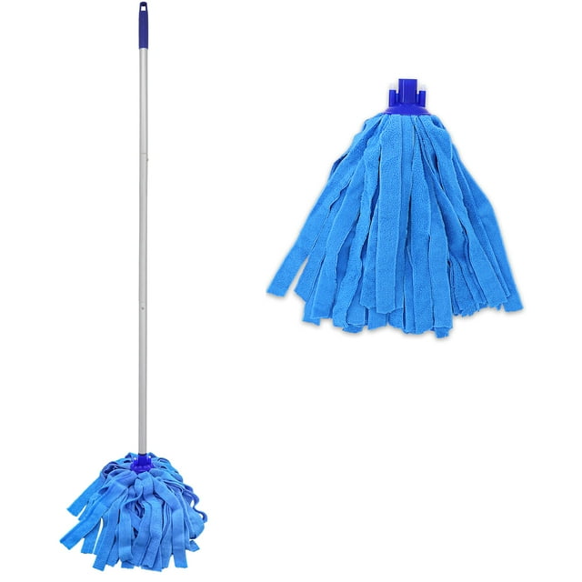 Un bastón Mop EaseYourDay con dos cabezales de tela de microfibra azules