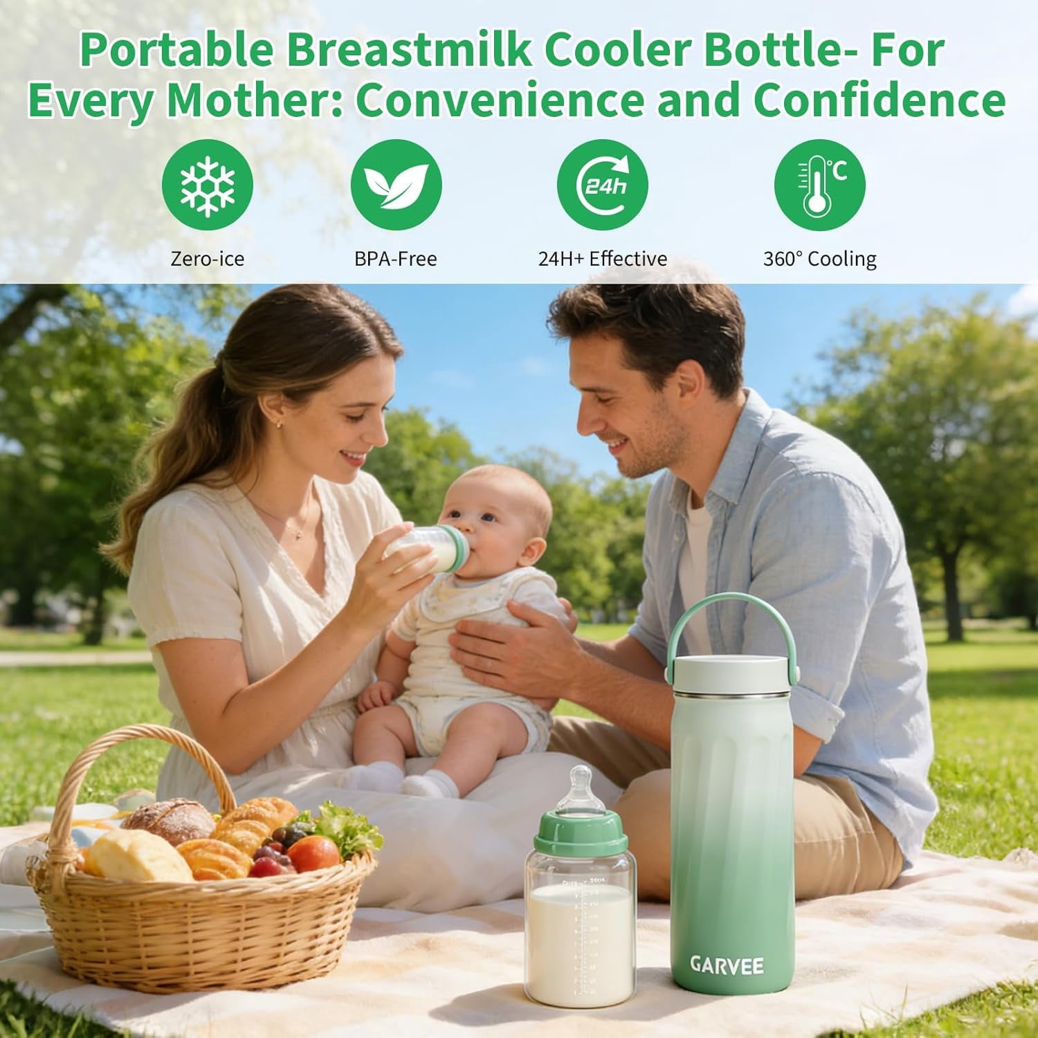 Portable Breast Milk Cooler – 360° Cooling for 24H, Includes 2×300ml 316 Stainless Steel Bottles, BPA-Free, Built-in Bottle Warmer, Safe Storage & Travel Solution for Moms
