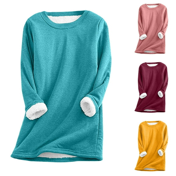 Wlynlyn Plus Size Sweatshirts for Women Crew Neck Fleece Sherpa Lined Pullover Tops Loose Fitted Winter Warm Thick Blouses