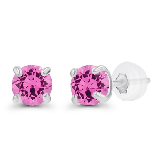 Decadence Sterling Silver Rhodium 3mm Round Created Pink Sapphire Birthstone Stud Earrings For Women