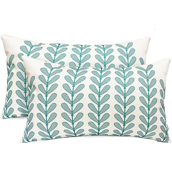 Decorative Throw Pillow Covers Set of 2 Teal Blue Pillow Covers 12x20 inch Throw Pillows Linen Square Pillow Case,Farmhouse Outdoor Modern Botanical Pillow Covers for Couch Sofa Living Room