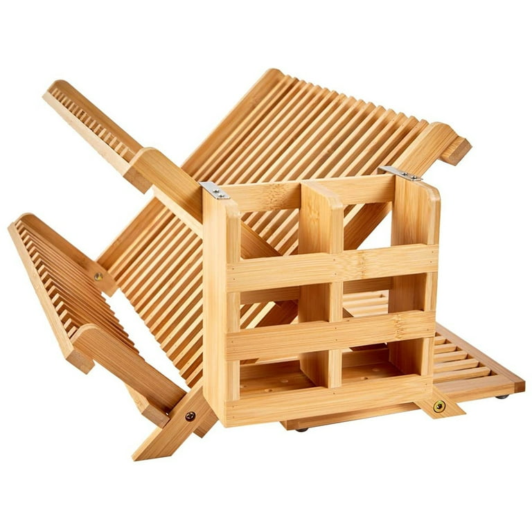 Worthyeah Bamboo Dish Drying Rack, 3 Tier Collapsible Rack with Utensil Holder, Wooden for Kitchen Counter, Large Folding Drainer