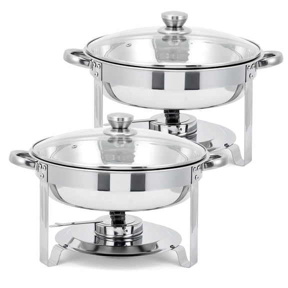 5QT Round Chafing Dish Set (2 Pack) - Stainless Steel Buffet Set with Glass Lids, Fuel Holder & Food Pans - Perfect for Weddings & Parties