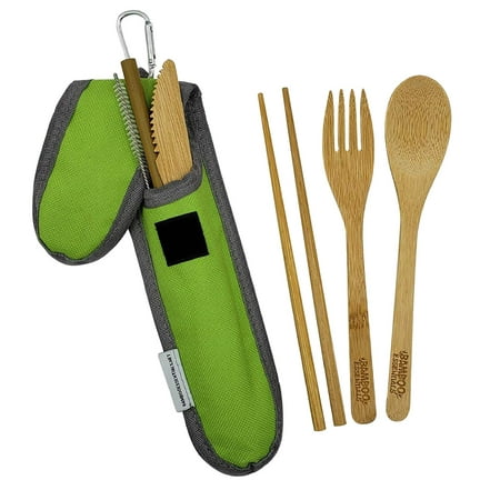 Bamboo Travel Utensil Set Summer Green | Bamboo Fork, Knife, Spoon, Chopsticks, Straw, Straw-cleaning brush, Travel Pouch and Carabiner | Excellent For Everyday (Best Silverware For Everyday Use)
